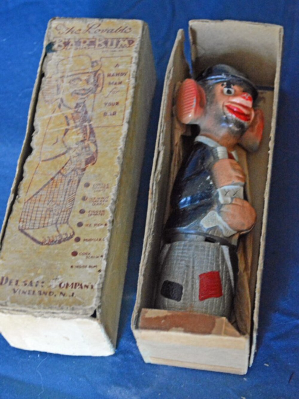 Vintage 1950 Delsam “Lovable Bar Bum” Figural Cocktail Bar Tool Set